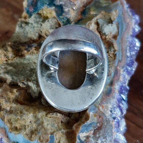 VTG Sterling Silver Feathered Jasper Cabochon Ring Size 7 Bezel Setting Statemen - Picture 6 of 8